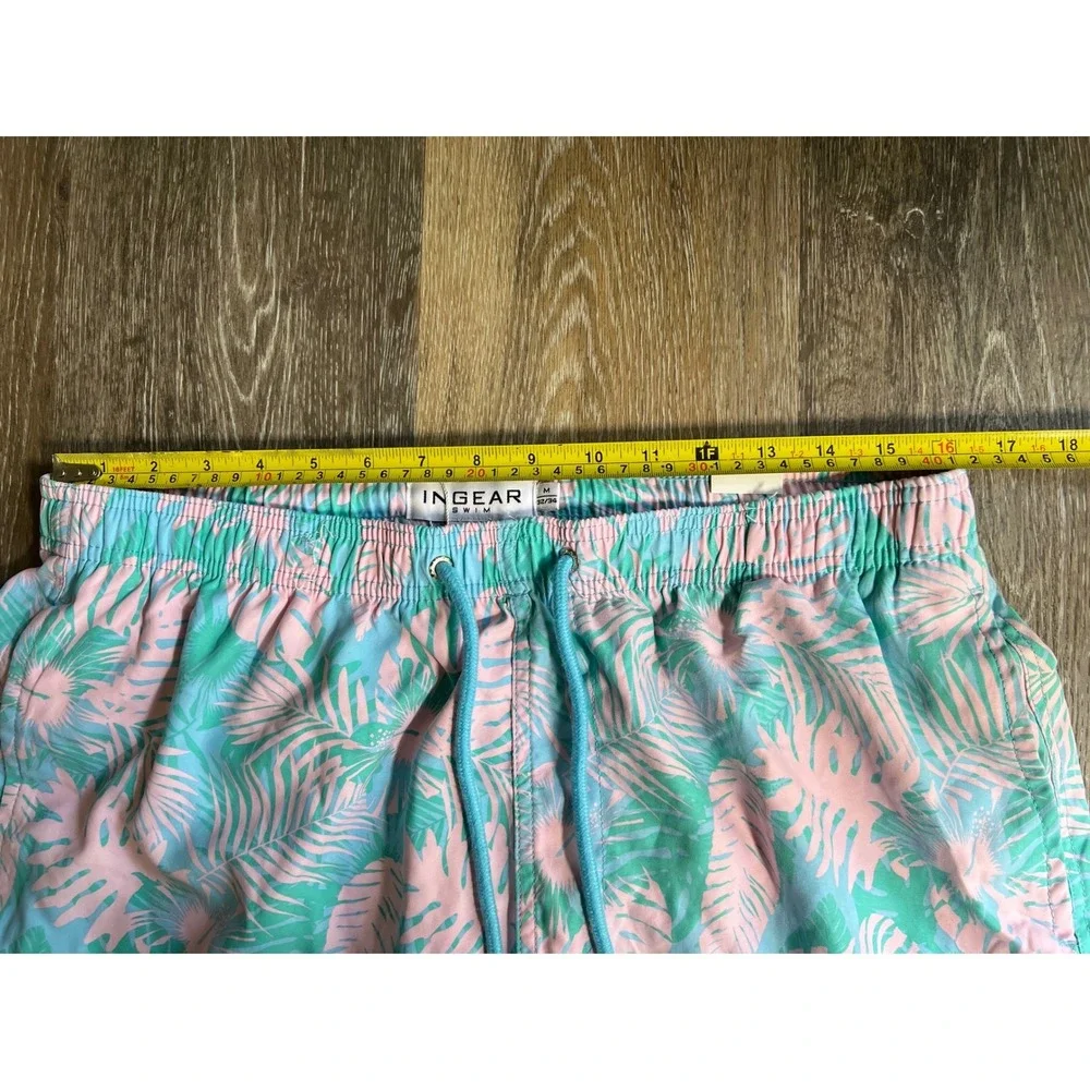 Ingear Swim Trunks Mens‎ Medium M Pink Teal New Tropical Palm Leaf Mesh Lined